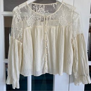 Free People Crop Top Lace Shoulders Cream White Small 100% Cotton Boho Feminine
